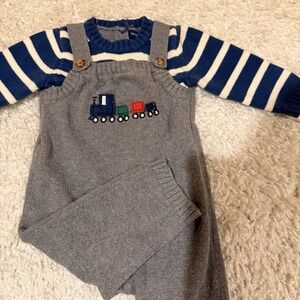 Authentic Kids Boys Train Blue Sweater Overalls One Piece Stripes Size 3-6 M P
